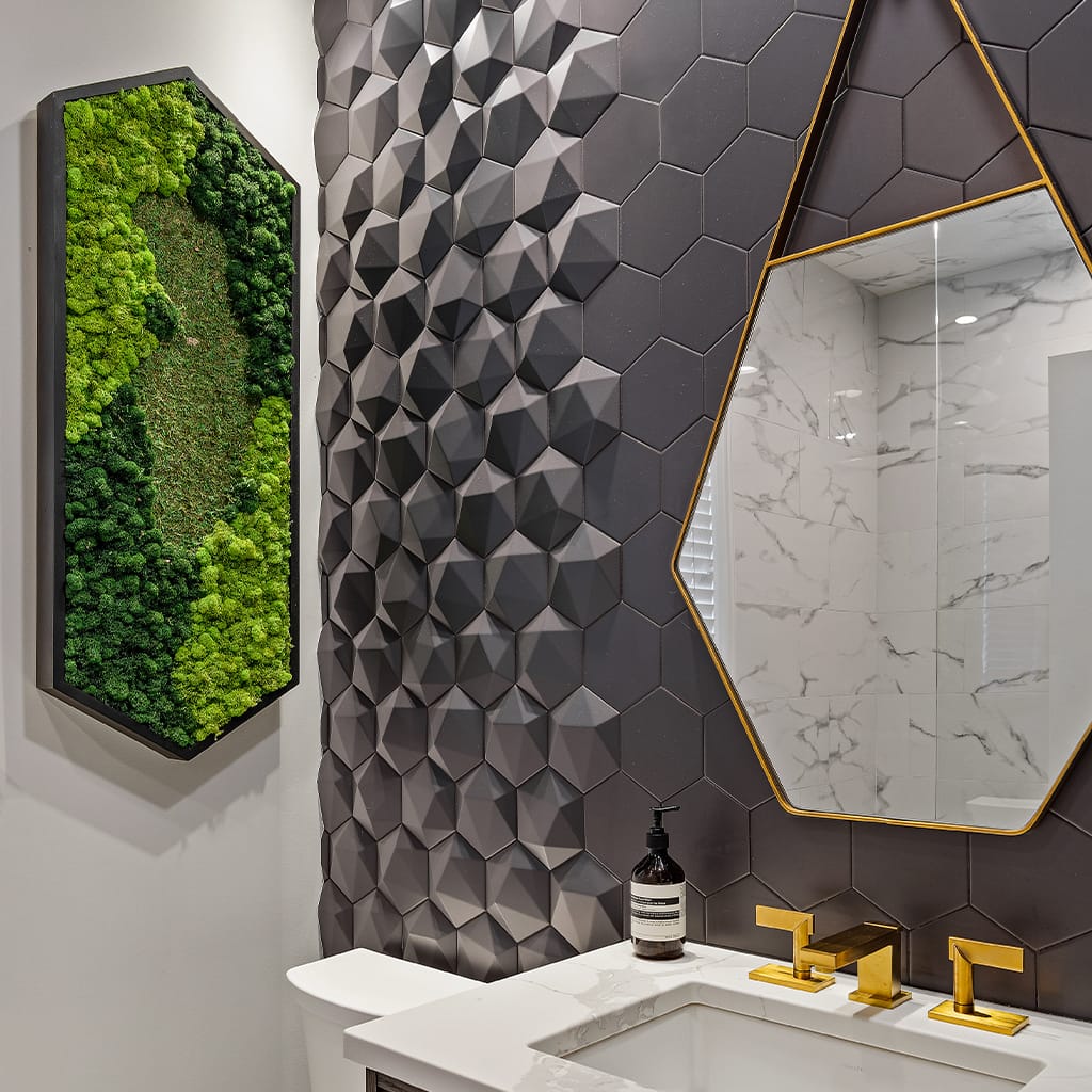 Image of a modern bathroom with three-dimensional geometric bathroom tile