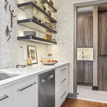 Custom Lit Floating Kitchen Shelves, Perimeter Quartz Countertops