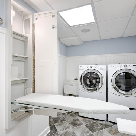 Tile Floor Laundry Room with Drop Down Ironing Board