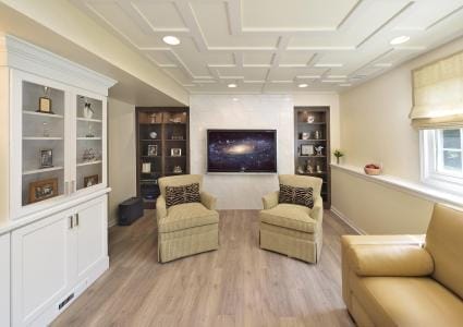 Built-In Shelving and Coffered Ceiling