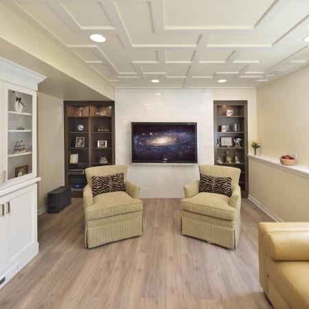 Built-In Shelving and Coffered Ceiling
