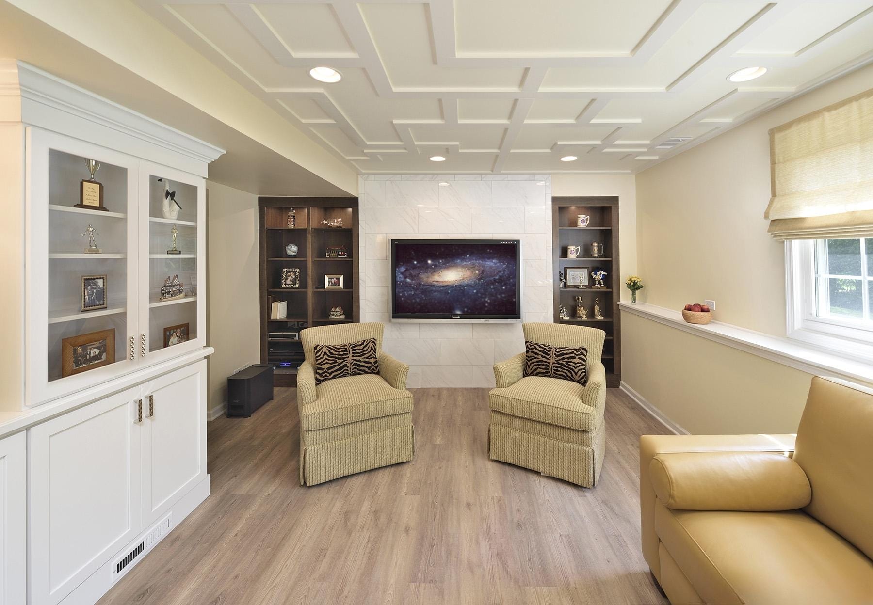 Built-In Shelving and Coffered Ceiling