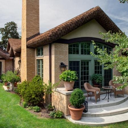 Back Patio with Yellow Brick Chimney