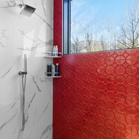 Wide Shower Window with Marble  Large Format Tile Behind Shower Sprayers