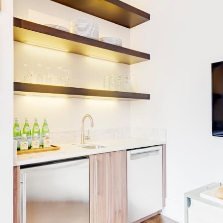 Wet Bar with Floating Shelves and Beverage Chiller with Ice Machine