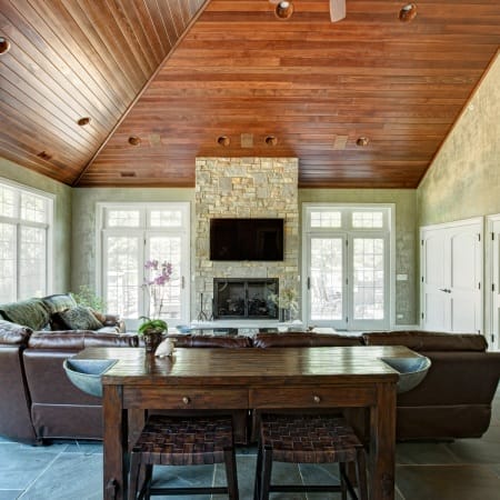 Vaulted Cedar Ceilings with Stone Fireplace