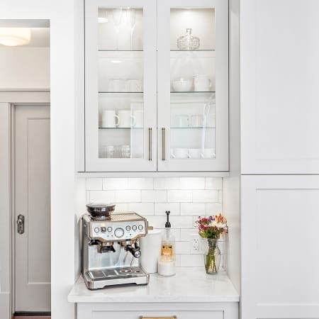 White Coffee Station with Glass Front Cabinets