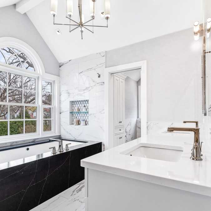 Vaulted Bathroom Ceiling with Chandelier